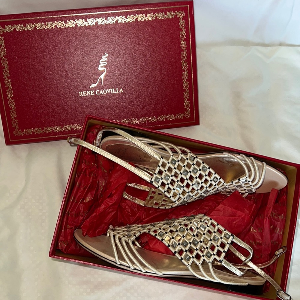 Rene Caovilla platinum black satin sandal size 39